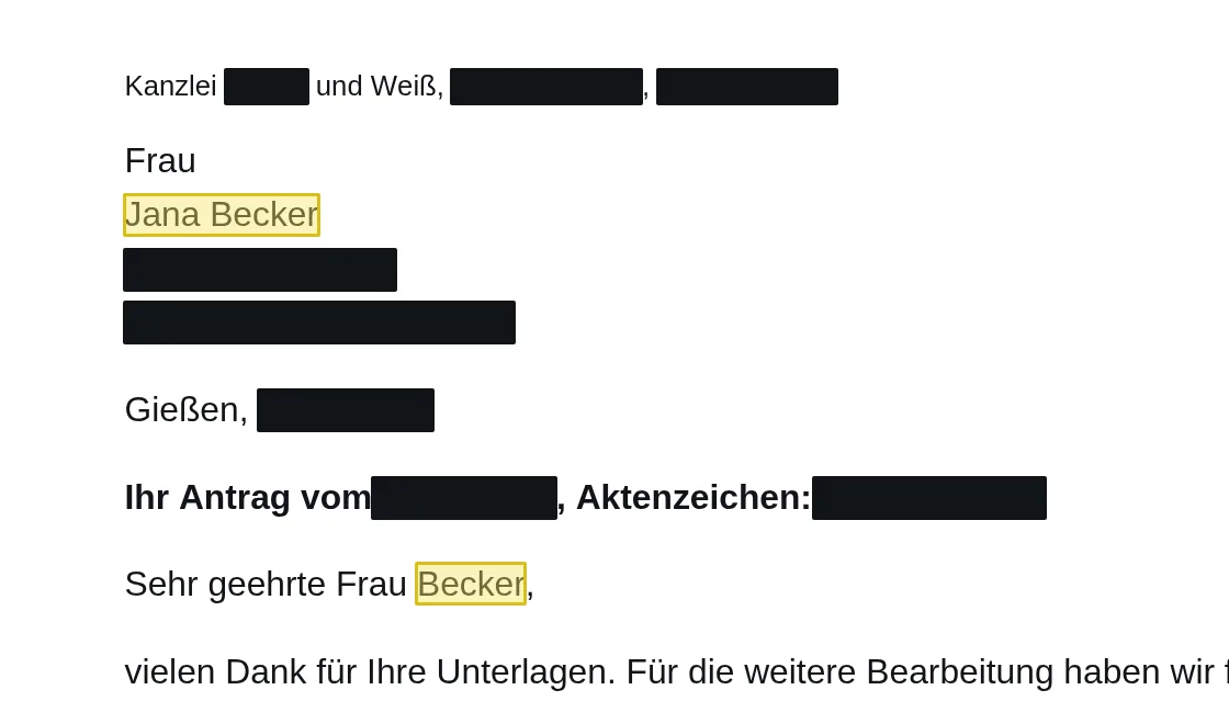 Brief im Werkzeug: der Name der anfragenden Person ist gelb umrandet und bleibt stehen, Kanzlei, Anschrift und Daten sind geschwärzt