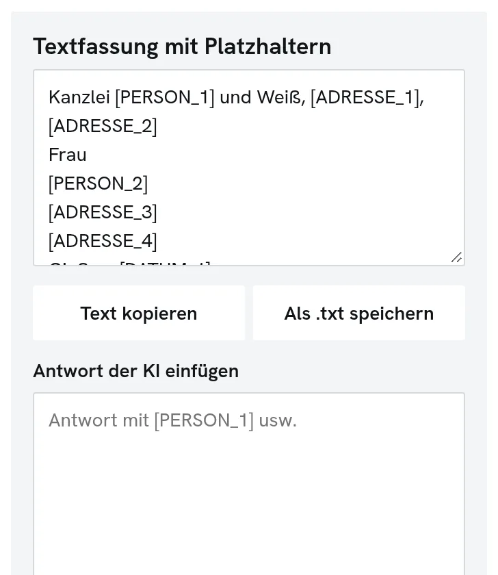 Seitenleiste des Werkzeugs mit der Textfassung: Namen und Anschriften sind durch Platzhalter wie PERSON_1 und ADRESSE_1 ersetzt