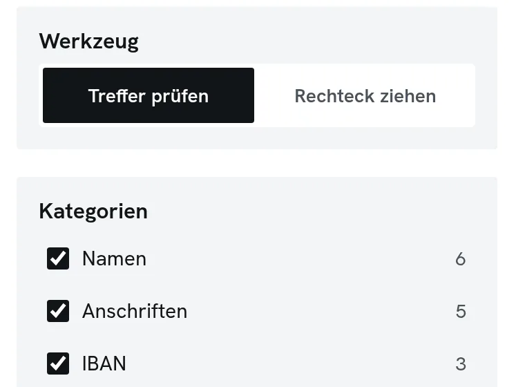 Seitenleiste des Werkzeugs: Modus Treffer prüfen und Kategorien mit der Zahl der Fundstellen