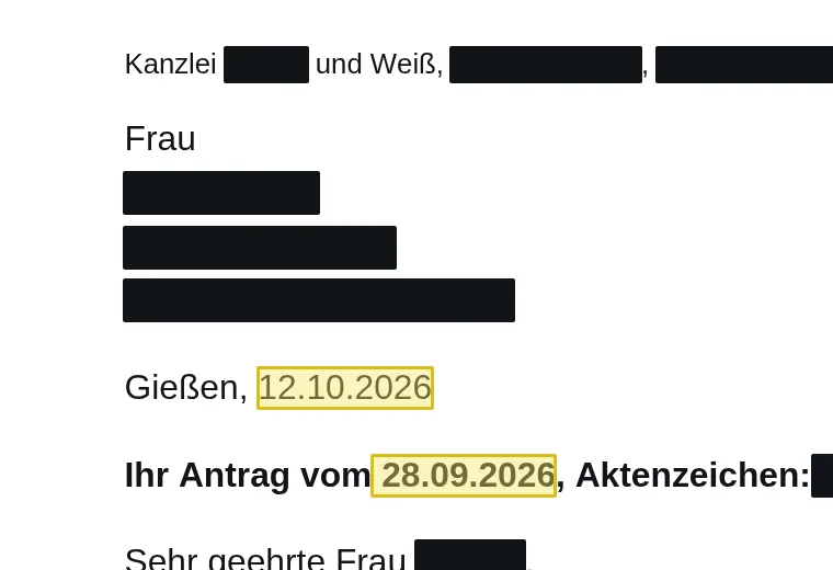 Brief im Werkzeug: gelb markierte Fundstellen, geschwärzte Stellen in Schwarz